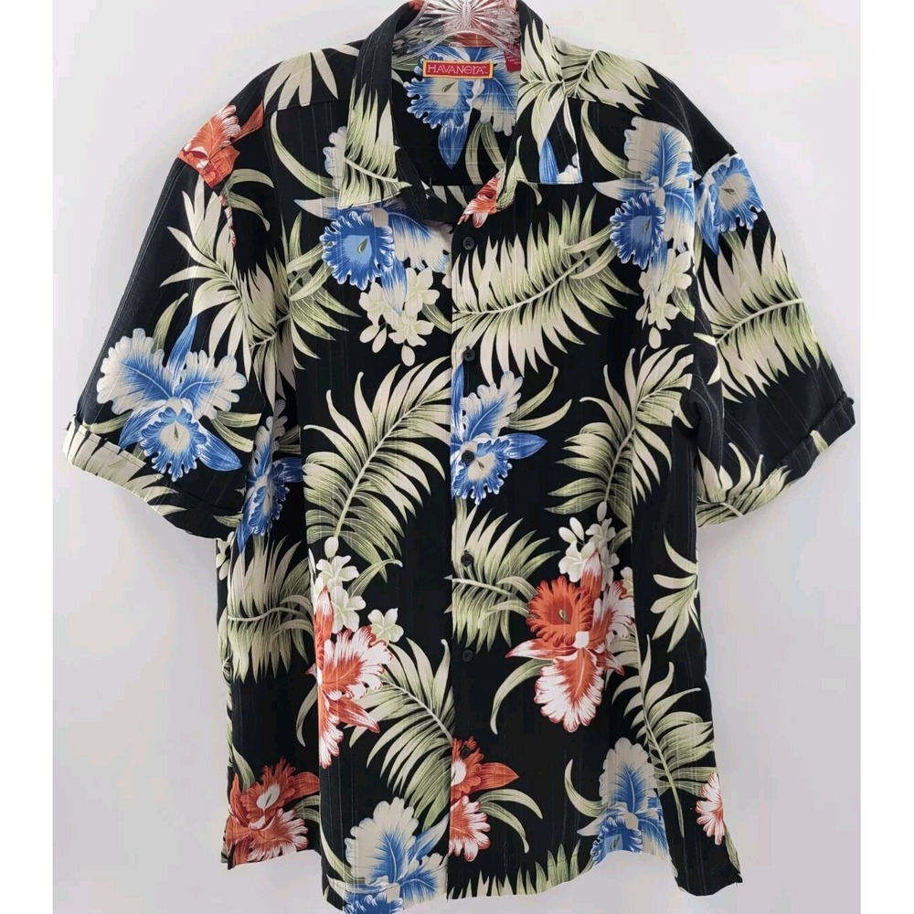 Havanera Co Mens XL Tropical Floral Hawaiian Shirt Black Hibiscus Palm‎ Print